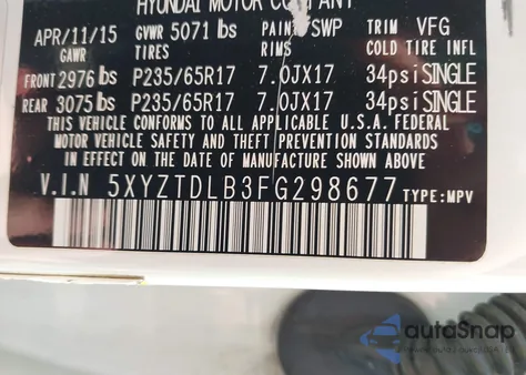 2015 Hyundai Santa Fe Sport 2.4L из США, поврежденный, VIN 5XYZTDLB3FG298677